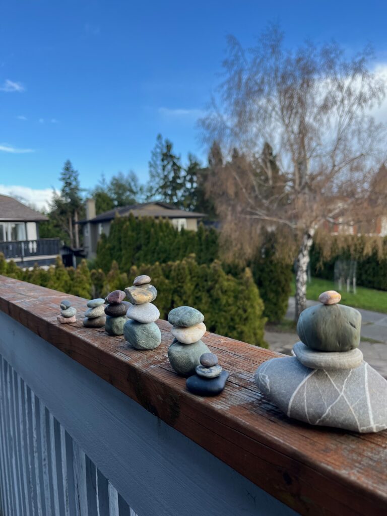 multiple stacks of balanced rocks