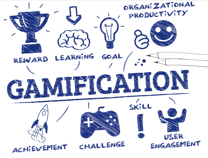 Key gamification concepts such as reward, learning, goal, achievement, challenging, skill, user engagement, and organizational productivity are depicted with small graphics representative of the word.